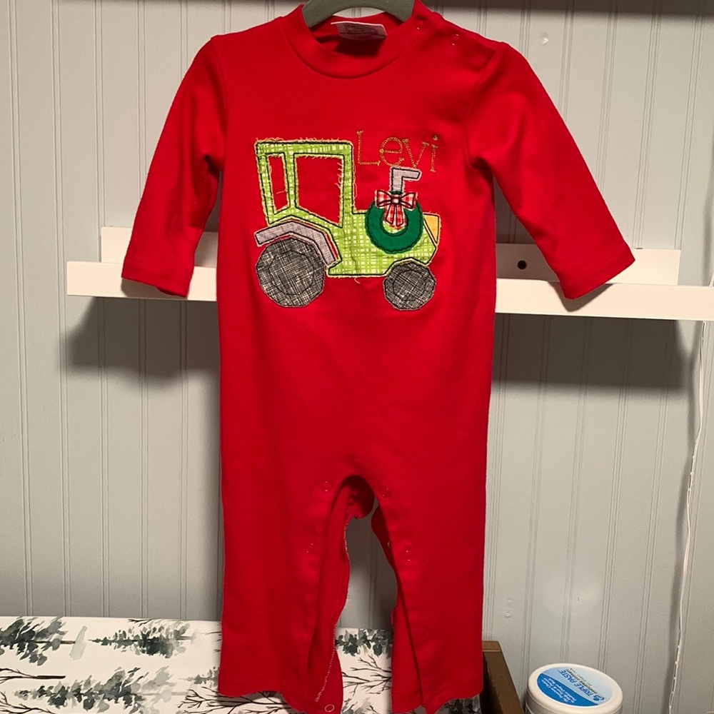 Custom one piece Christmas outfit with "Levi" & tractor with Christmas wreath.